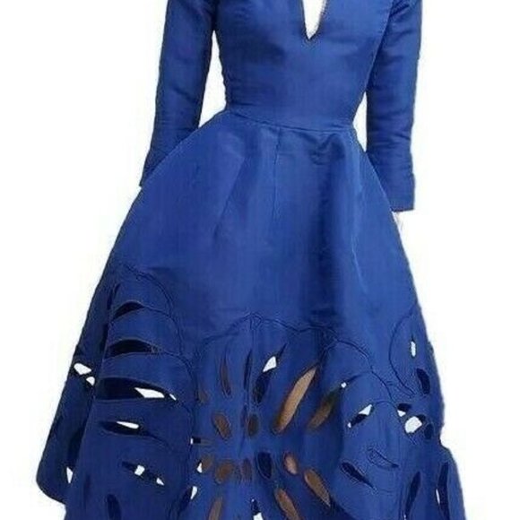 °$4,590 NEW OSCAR DE LA RENTA BLUE SILK LEAF MIDI DRESS US 8 - Picture 9 of 12
